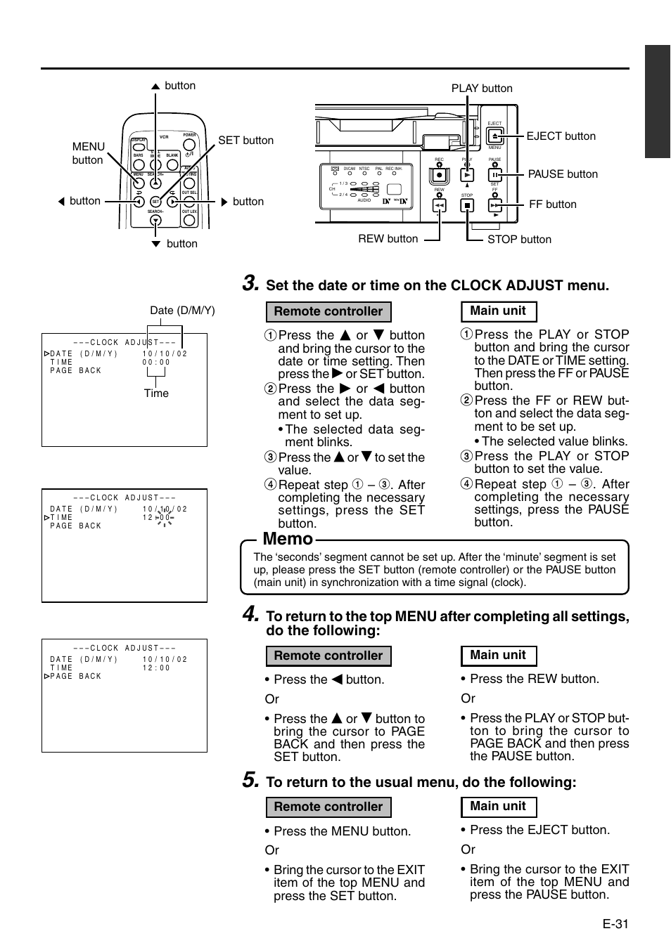 Set the date or time on the clock adjust menu, E-31, Main unit | Press the play or stop button to set the value, Press the, Or set button, Button. or • press the | Panasonic VQT0C55 User Manual | Page 31 / 68