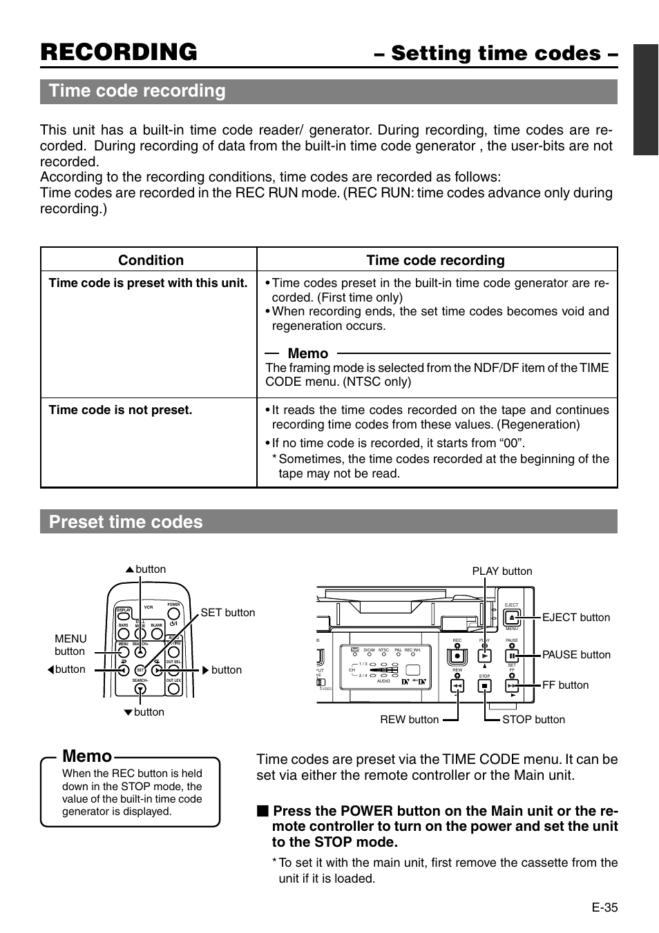 Recording, Setting time codes, Time code recording | Preset time codes, Condition time code recording, E-35 | Panasonic VQT0C55 User Manual | Page 35 / 68