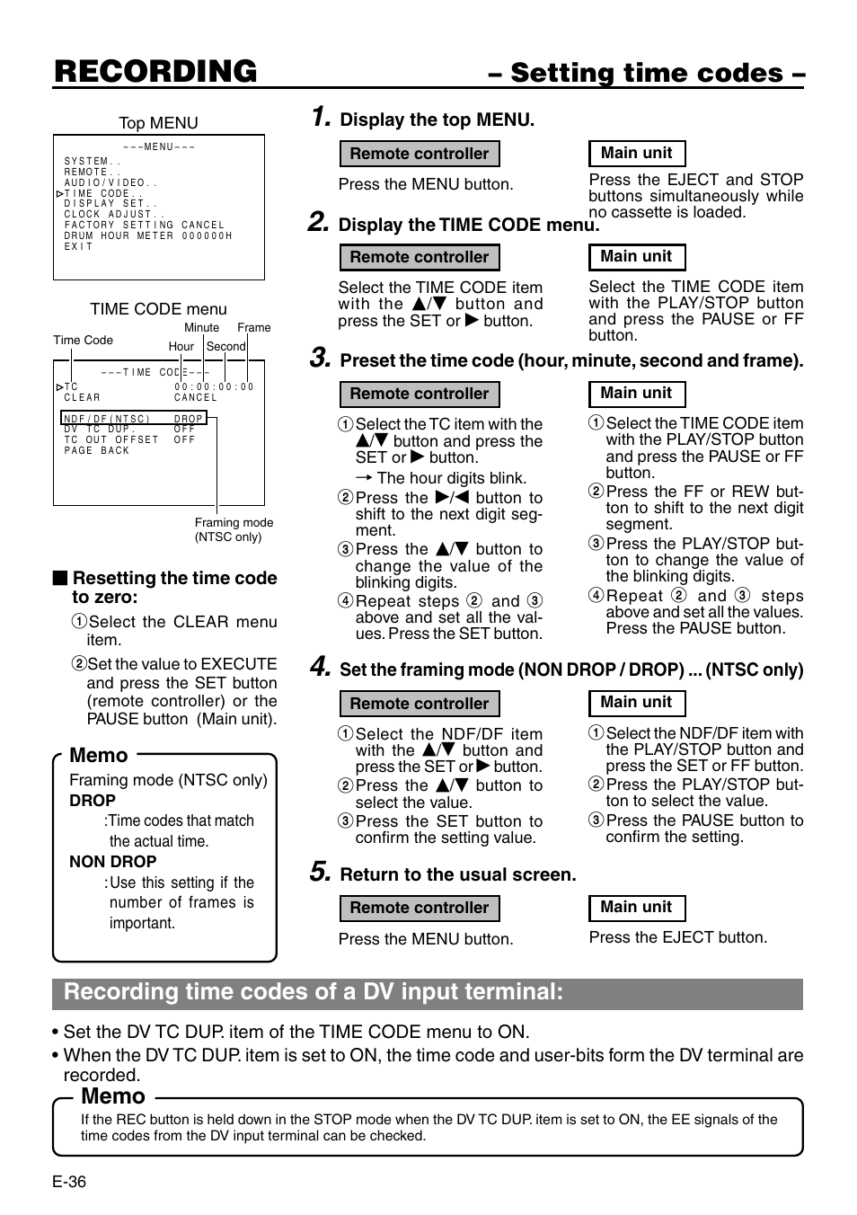 Recording, Setting time codes, Recording time codes of a dv input terminal | Panasonic VQT0C55 User Manual | Page 36 / 68