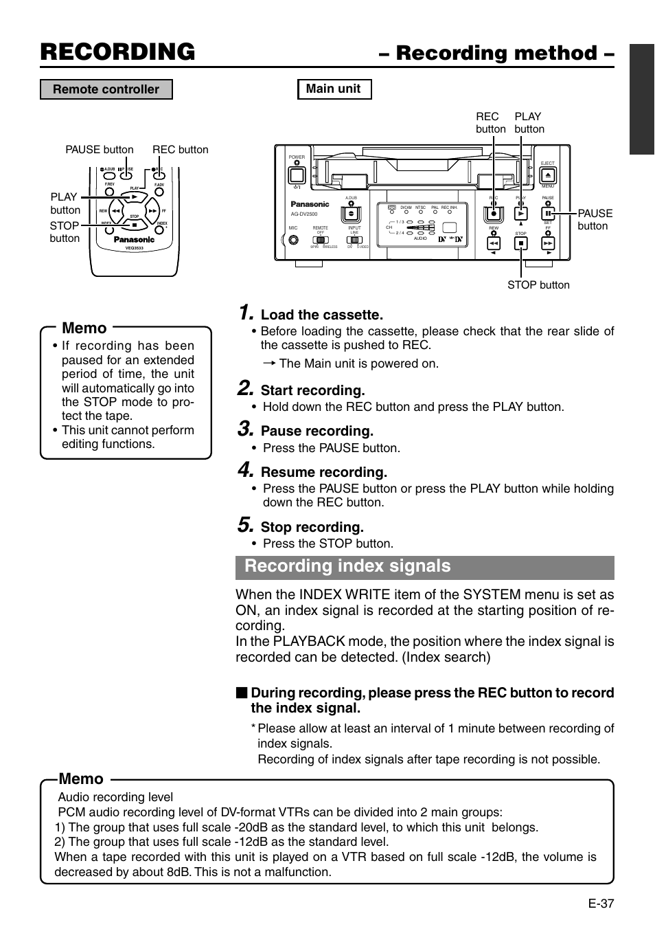 Recording, Recording method, Recording index signals | Load the cassette, Start recording, Pause recording, Resume recording, Stop recording, E-37, Main unit remote controller | Panasonic VQT0C55 User Manual | Page 37 / 68