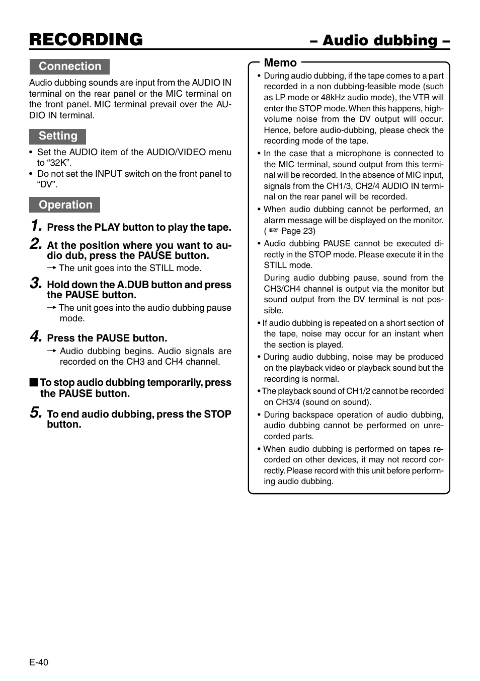 Recording, Audio dubbing | Panasonic VQT0C55 User Manual | Page 40 / 68