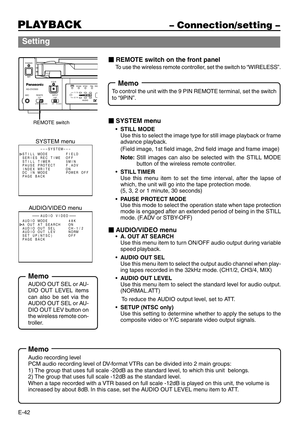 Playback, Connection/setting, Setting | Remote switch on the front panel, System menu, Audio/video menu, E-42, System menu audio/video menu | Panasonic VQT0C55 User Manual | Page 42 / 68