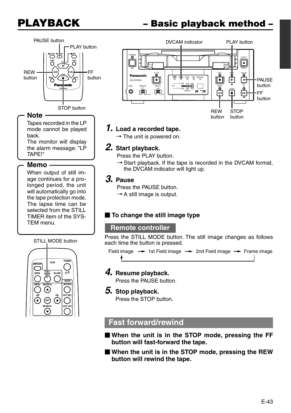 Playback, Basic playback method, Fast forward/rewind | Remote controller, Load a recorded tape, Start playback, Pause, Resume playback, Stop playback, E-43 | Panasonic VQT0C55 User Manual | Page 43 / 68