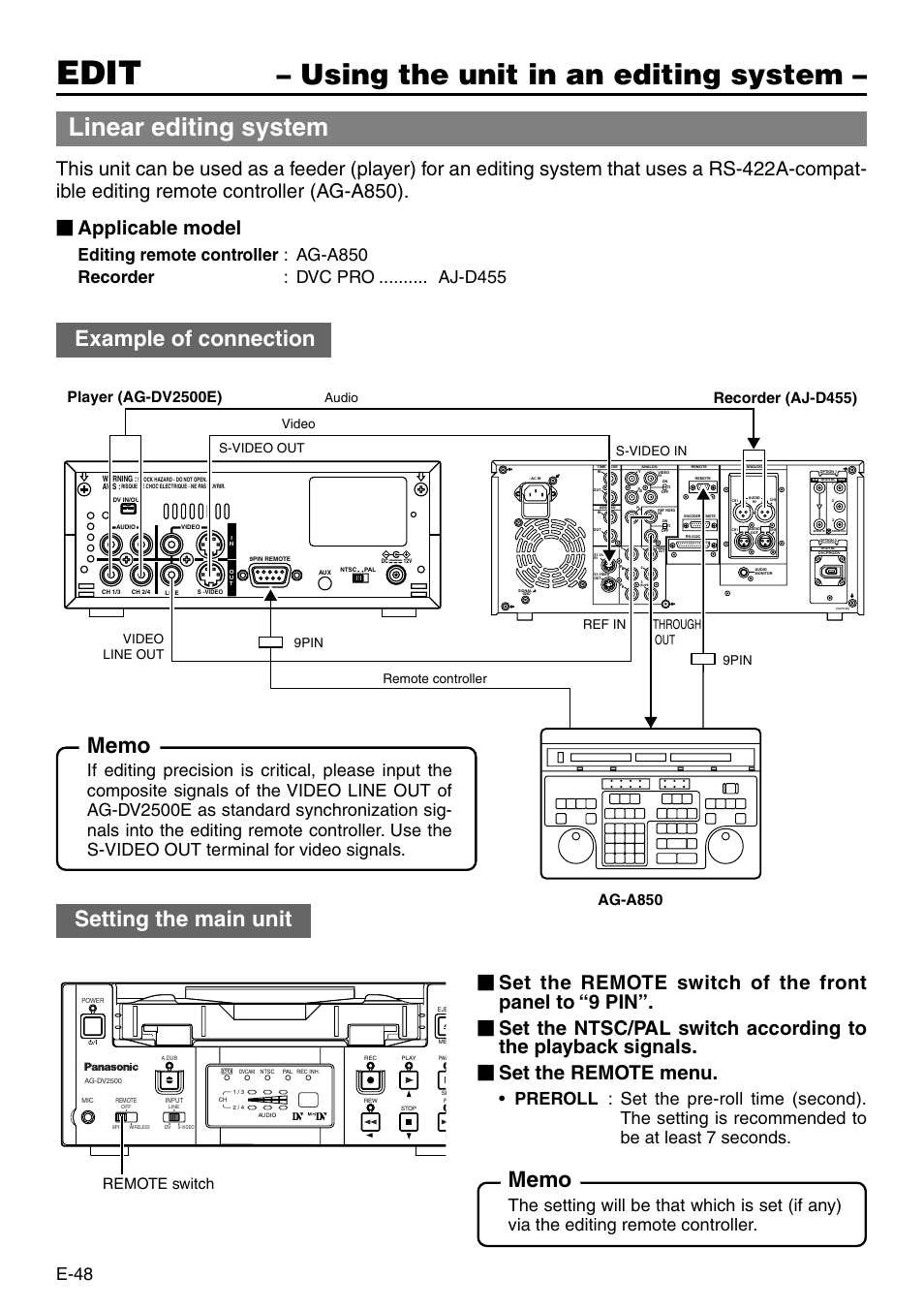Edit, Using the unit in an editing system, Linear editing system | Example of connection setting the main unit, E-48, Ag-a850, Remote switch, 9pin s-video out video audio | Panasonic VQT0C55 User Manual | Page 48 / 68