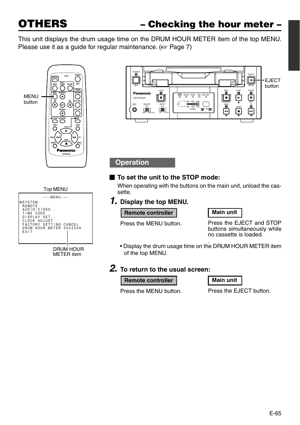 Others, Checking the hour meter, Operation | Page 7), Display the top menu, E-65, Eject button, Menu button, Top menu, Drum hour meter item | Panasonic VQT0C55 User Manual | Page 65 / 68