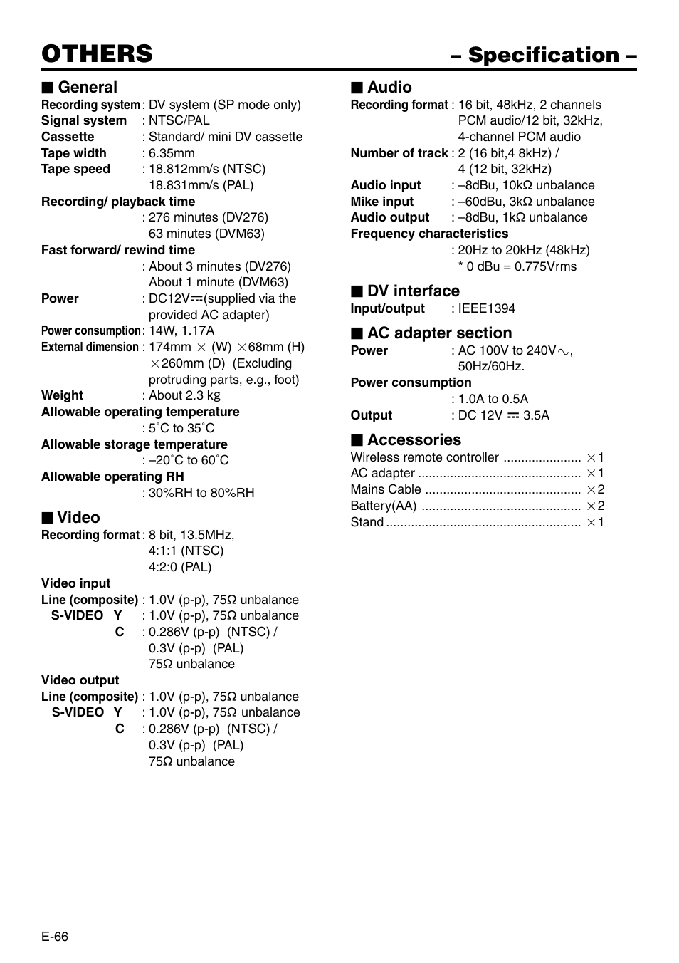 Others, Specification | Panasonic VQT0C55 User Manual | Page 66 / 68