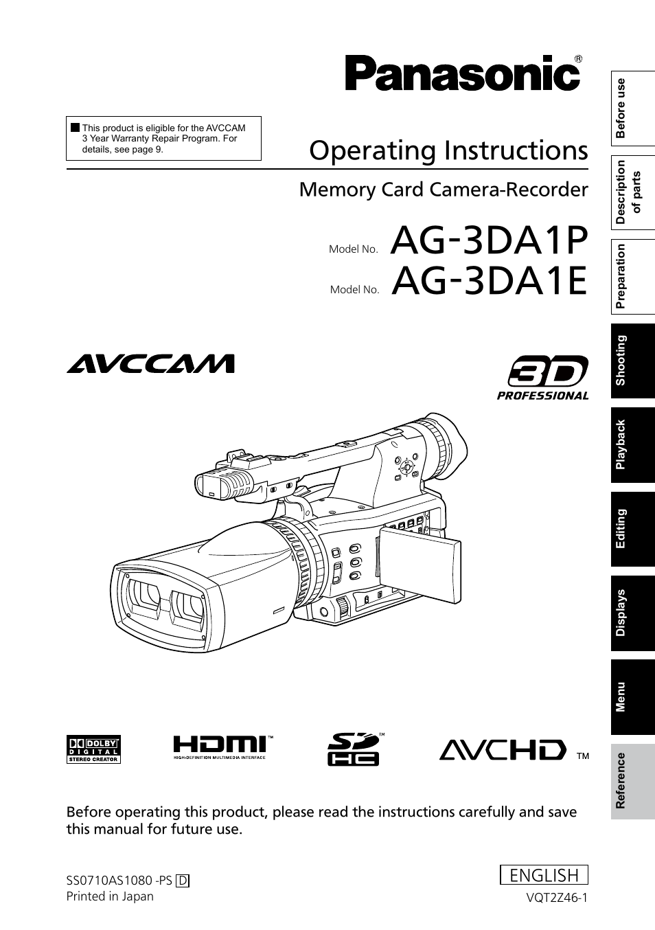 Panasonic AG-3DA1P User Manual | 96 pages