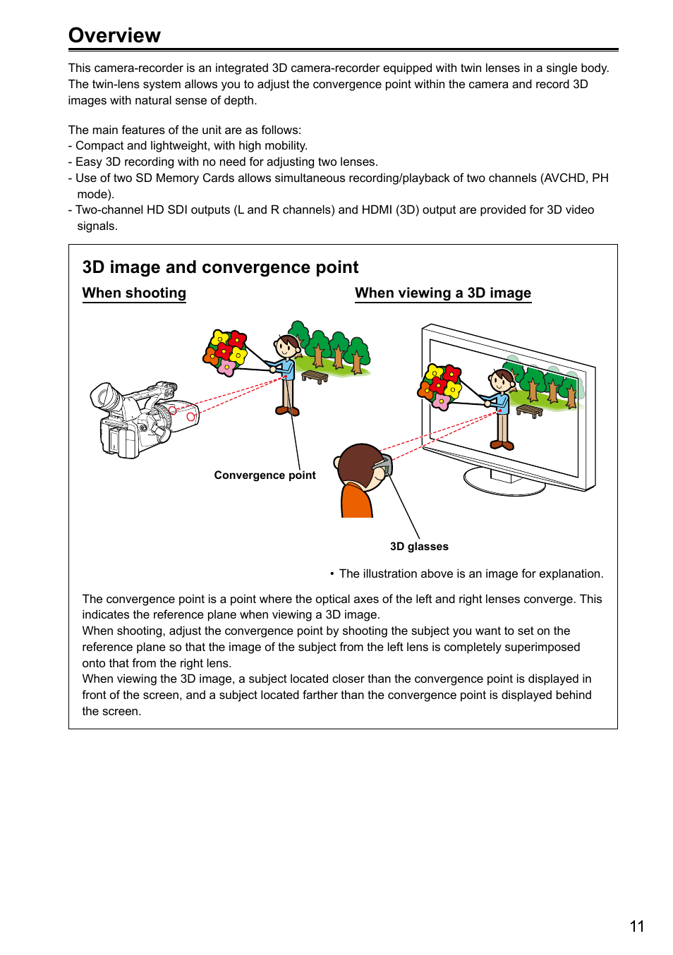 Overview, 3d image and convergence point | Panasonic AG-3DA1P User Manual | Page 11 / 96