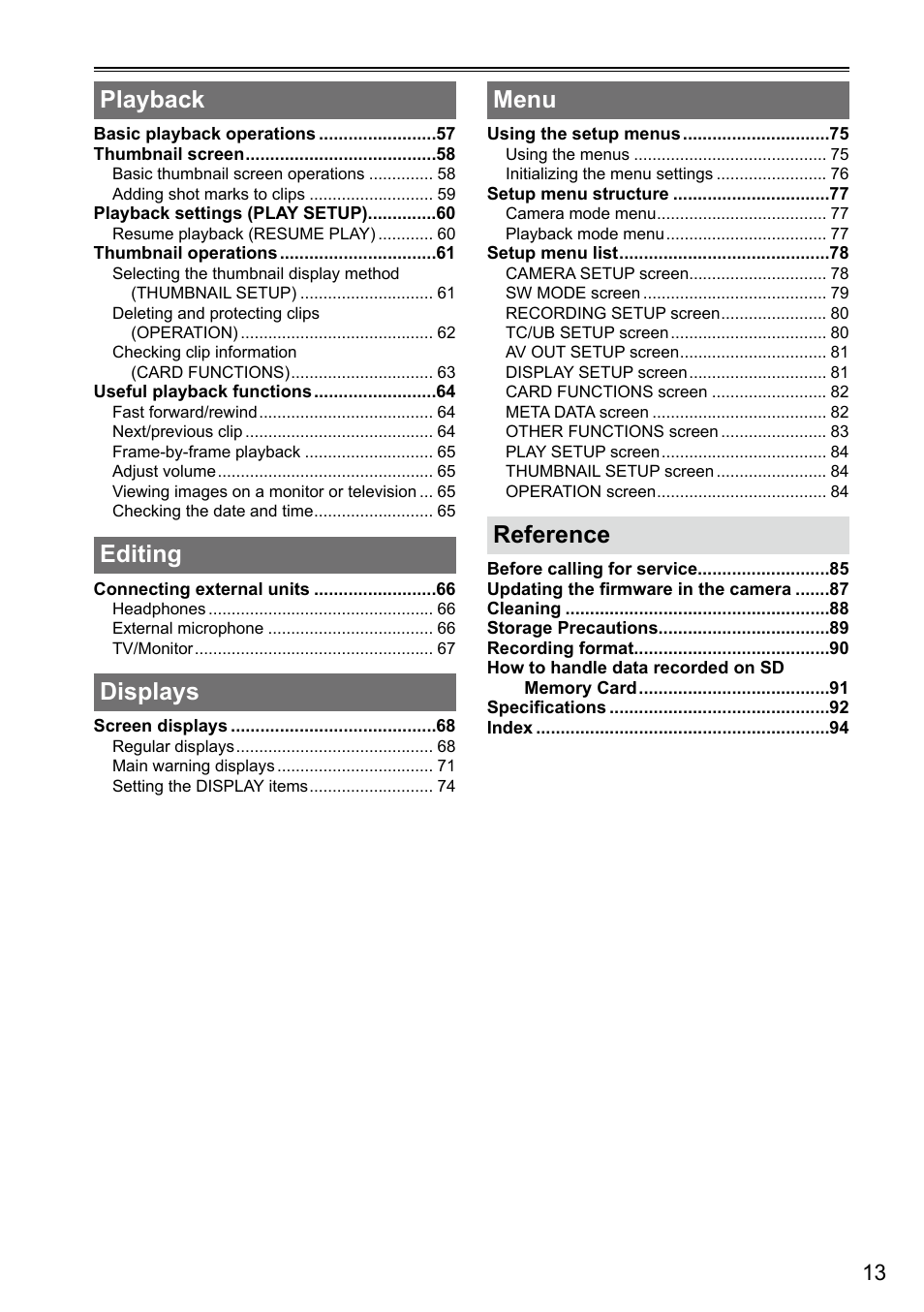 Playback, Editing, Displays | Menu, Reference | Panasonic AG-3DA1P User Manual | Page 13 / 96