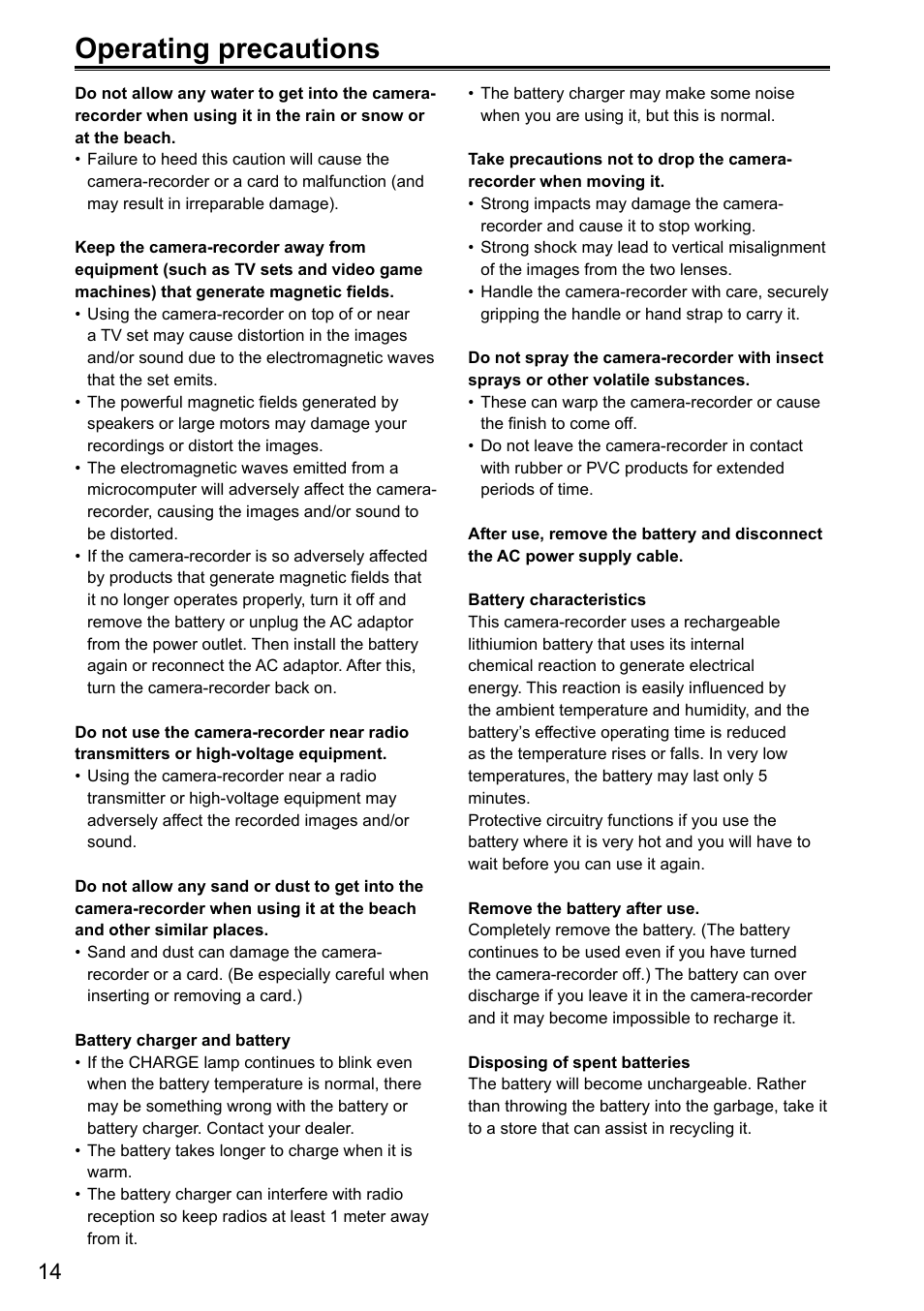 Operating precautions | Panasonic AG-3DA1P User Manual | Page 14 / 96