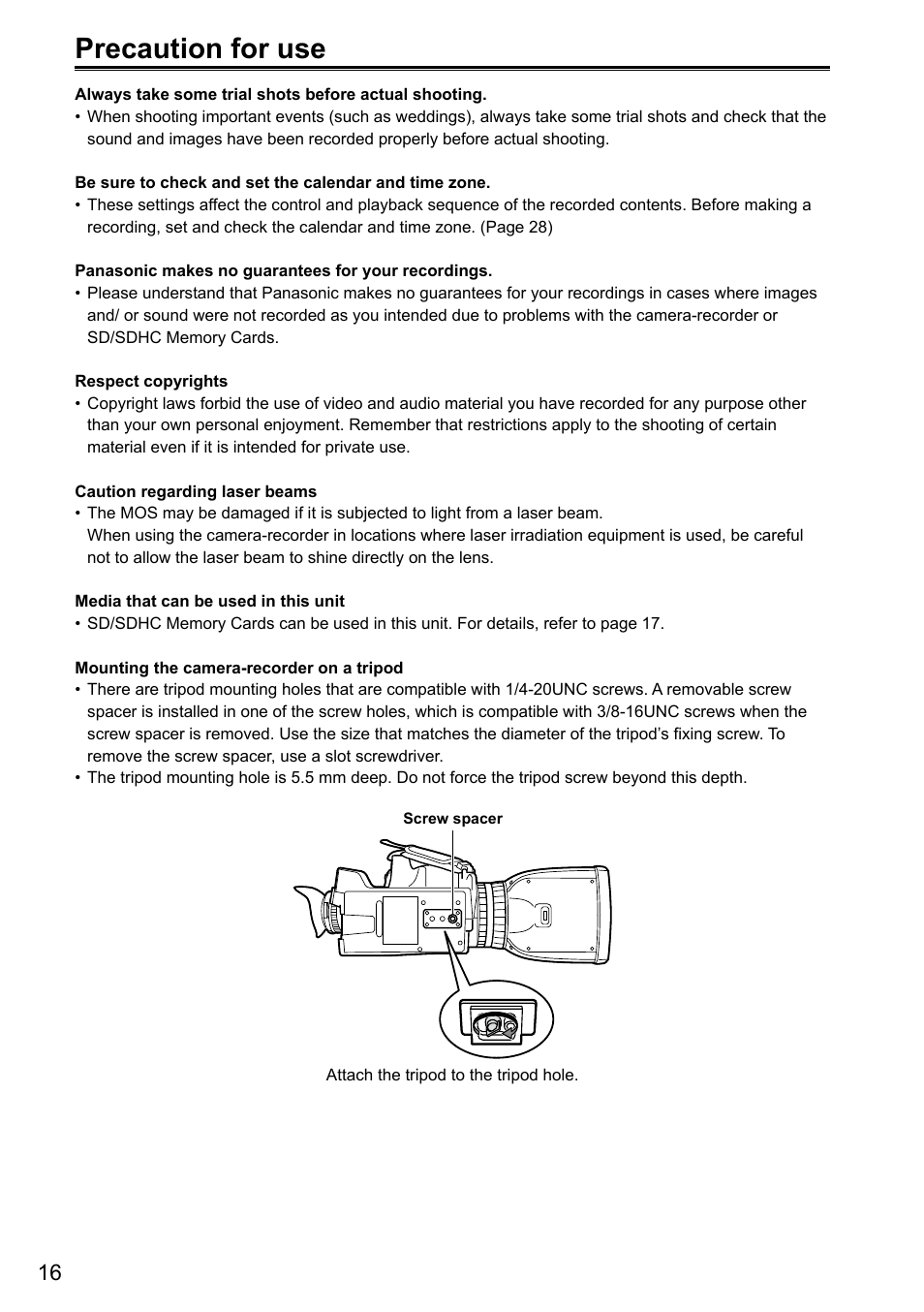 Before use, Precaution for use | Panasonic AG-3DA1P User Manual | Page 16 / 96