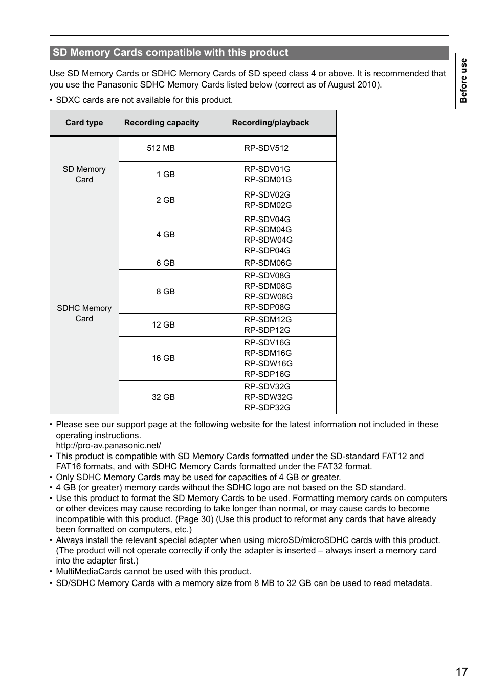 Sd memory cards compatible with this product | Panasonic AG-3DA1P User Manual | Page 17 / 96