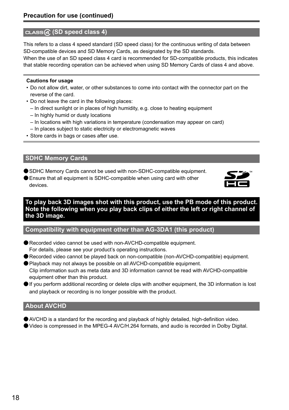 Sd speed class 4, Sdhc memory cards, About avchd | Panasonic AG-3DA1P User Manual | Page 18 / 96