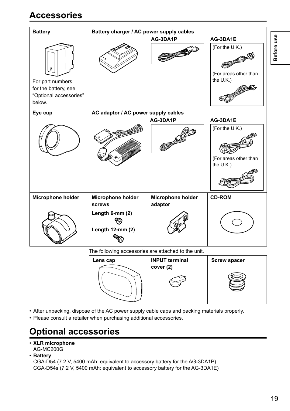 Accessories, Optional accessories | Panasonic AG-3DA1P User Manual | Page 19 / 96