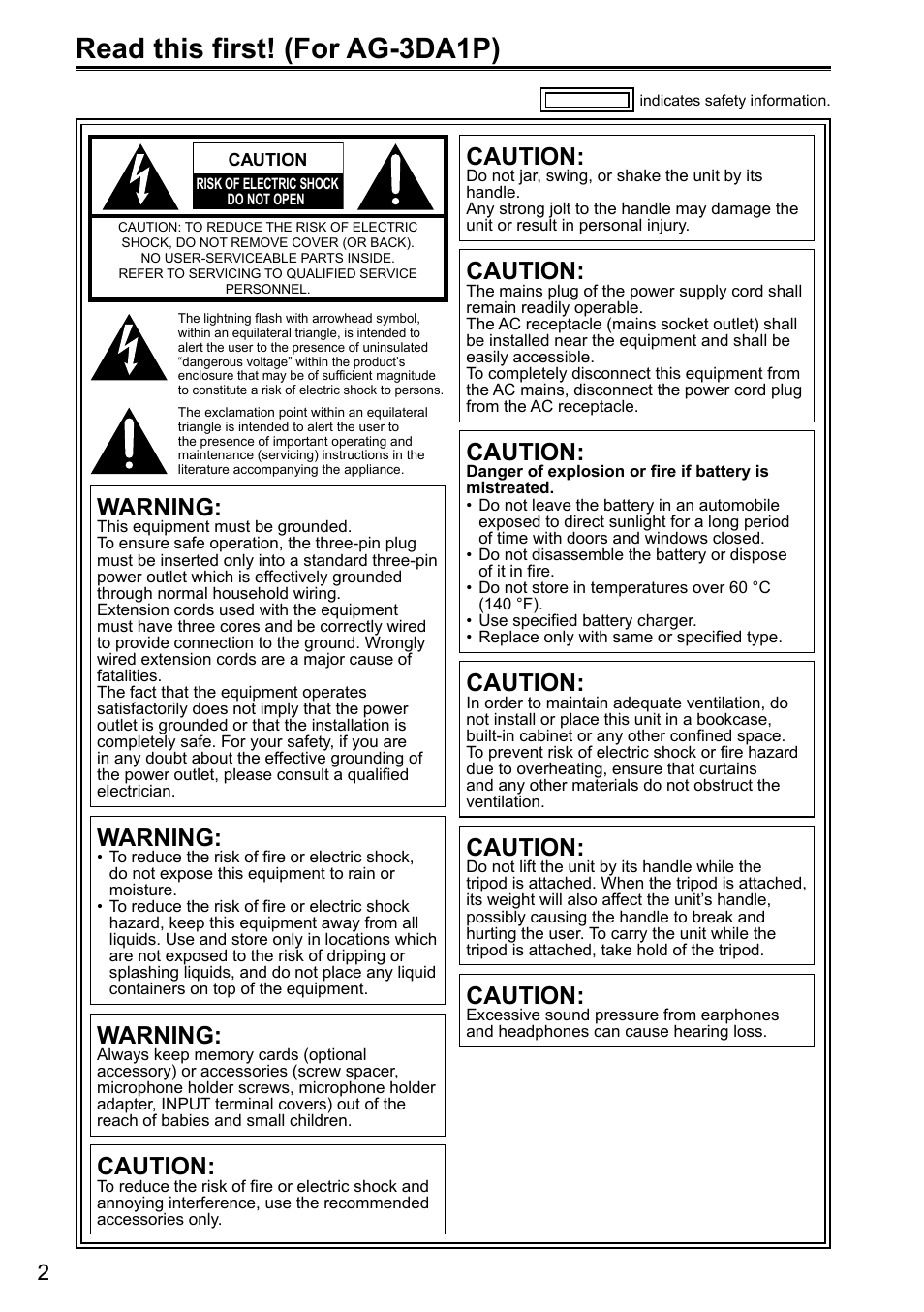 Read this first! (for ag-3da1p), Warning, Caution | Panasonic AG-3DA1P User Manual | Page 2 / 96