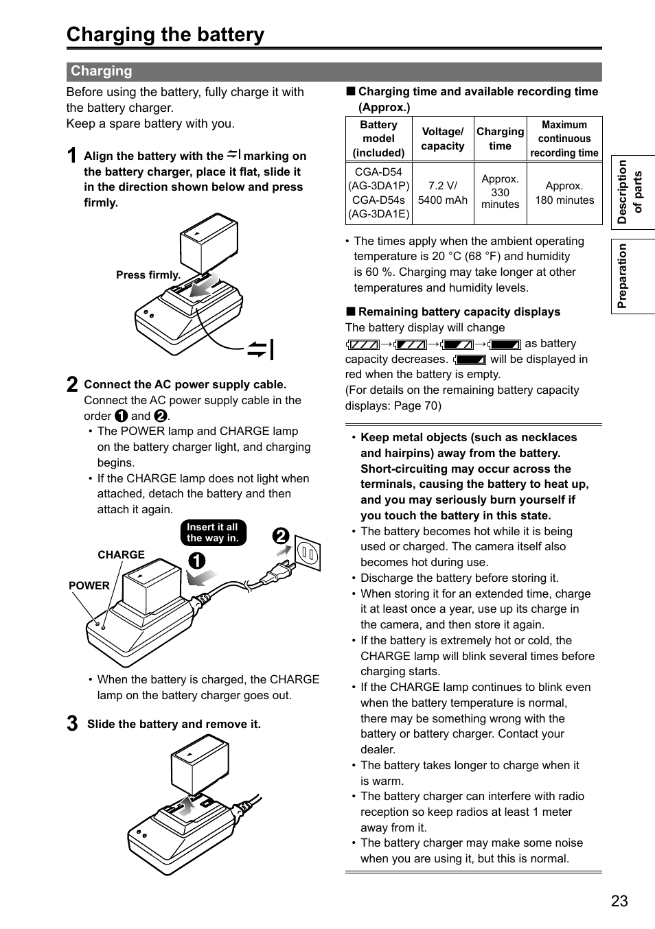 Preparation, Charging the battery, Charging | Panasonic AG-3DA1P User Manual | Page 23 / 96
