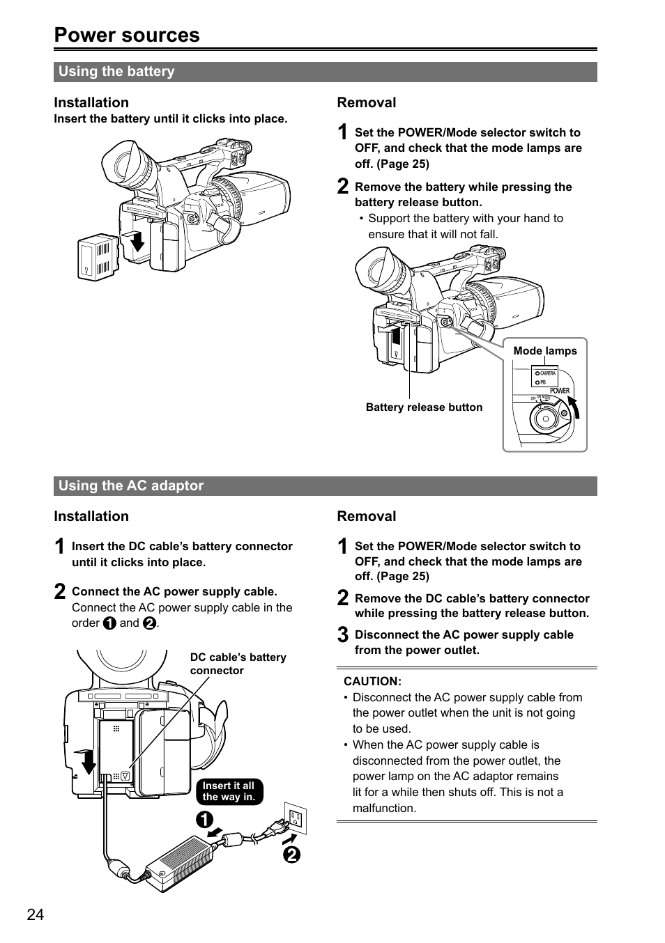 Power sources, Using the battery, Using the ac adaptor | Panasonic AG-3DA1P User Manual | Page 24 / 96