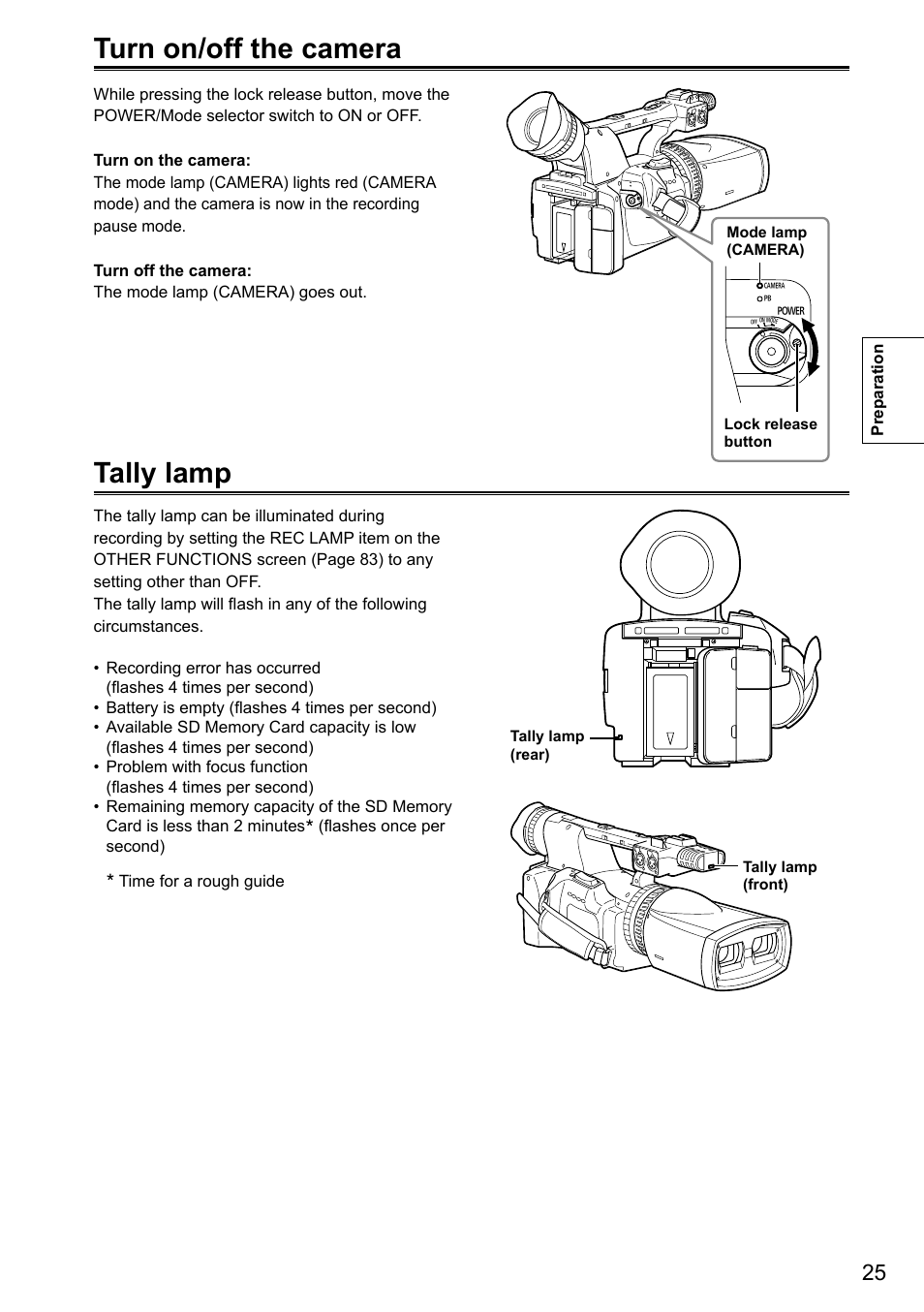 Turn on/off the camera, Tally lamp | Panasonic AG-3DA1P User Manual | Page 25 / 96