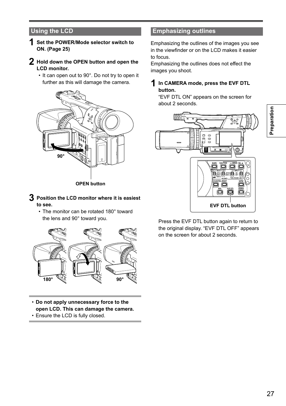 Using the lcd, Emphasizing outlines, Preparation | Panasonic AG-3DA1P User Manual | Page 27 / 96