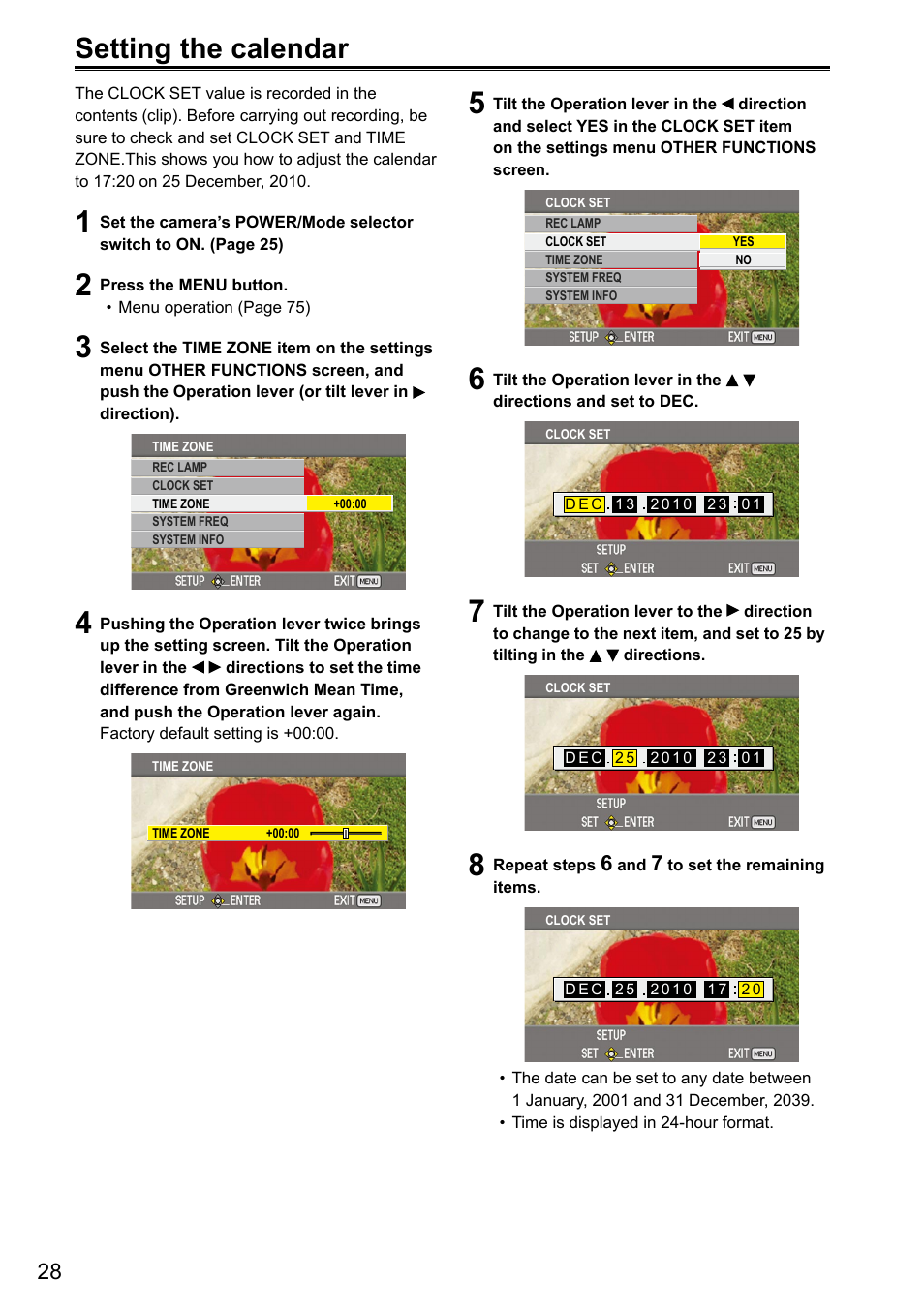 Setting the calendar | Panasonic AG-3DA1P User Manual | Page 28 / 96