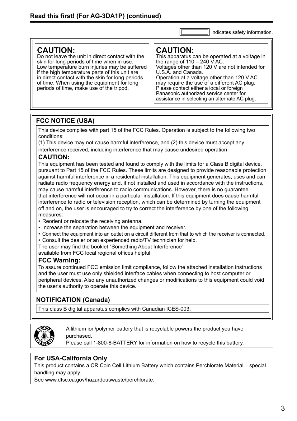Caution | Panasonic AG-3DA1P User Manual | Page 3 / 96