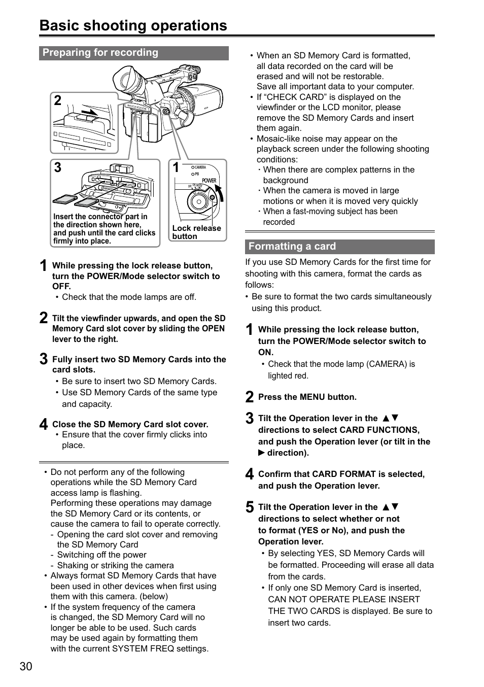 Shooting, Basic shooting operations, Preparing for recording | Formatting a card | Panasonic AG-3DA1P User Manual | Page 30 / 96