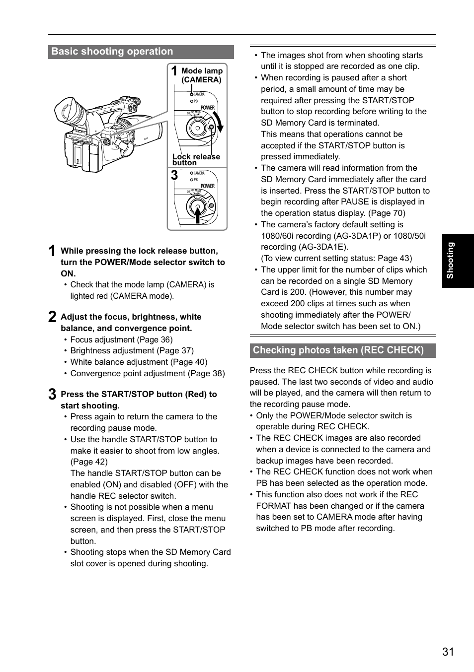 Basic shooting operation, Checking photos taken (rec check) | Panasonic AG-3DA1P User Manual | Page 31 / 96