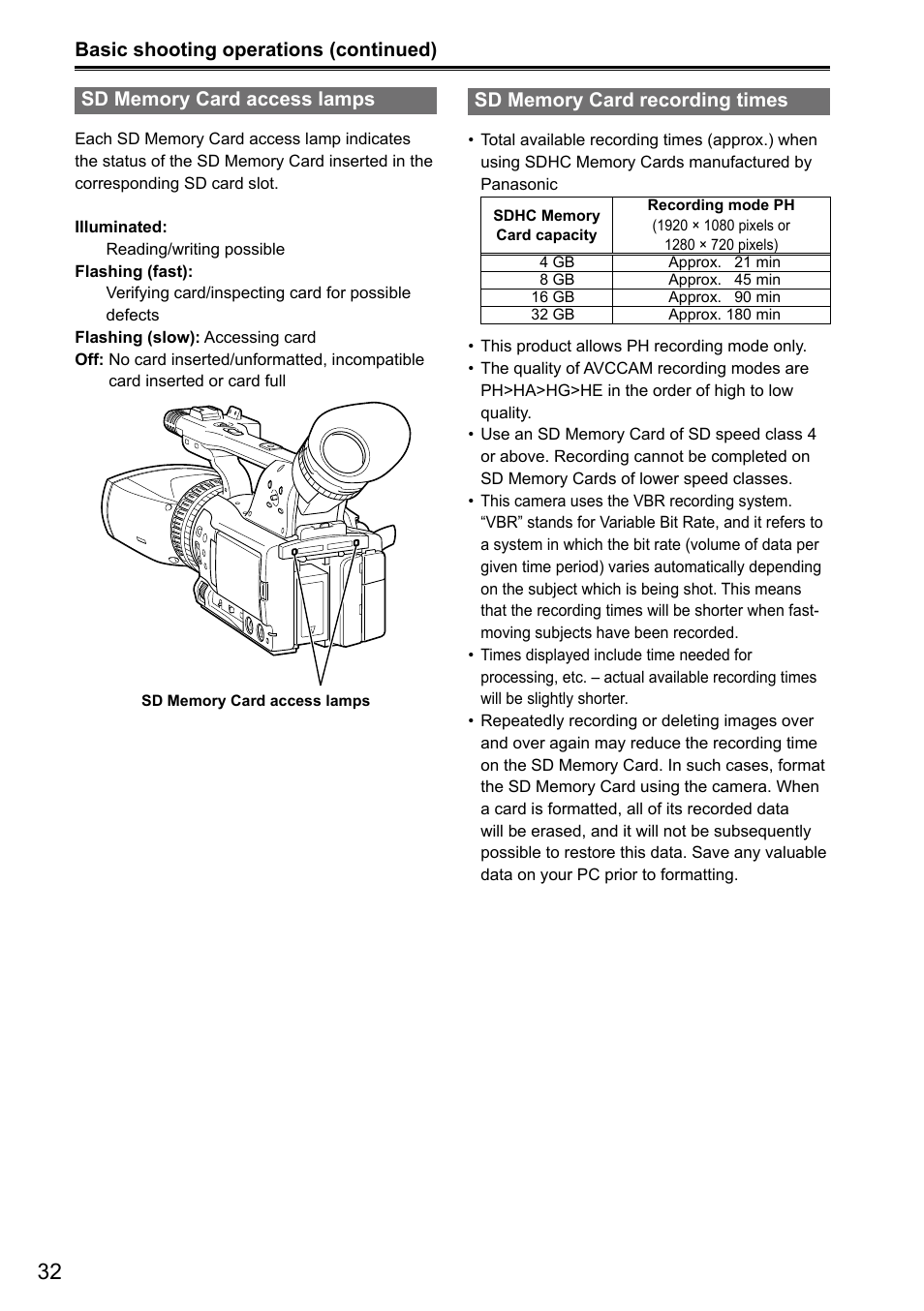 Sd memory card access lamps, Sd memory card recording times | Panasonic AG-3DA1P User Manual | Page 32 / 96