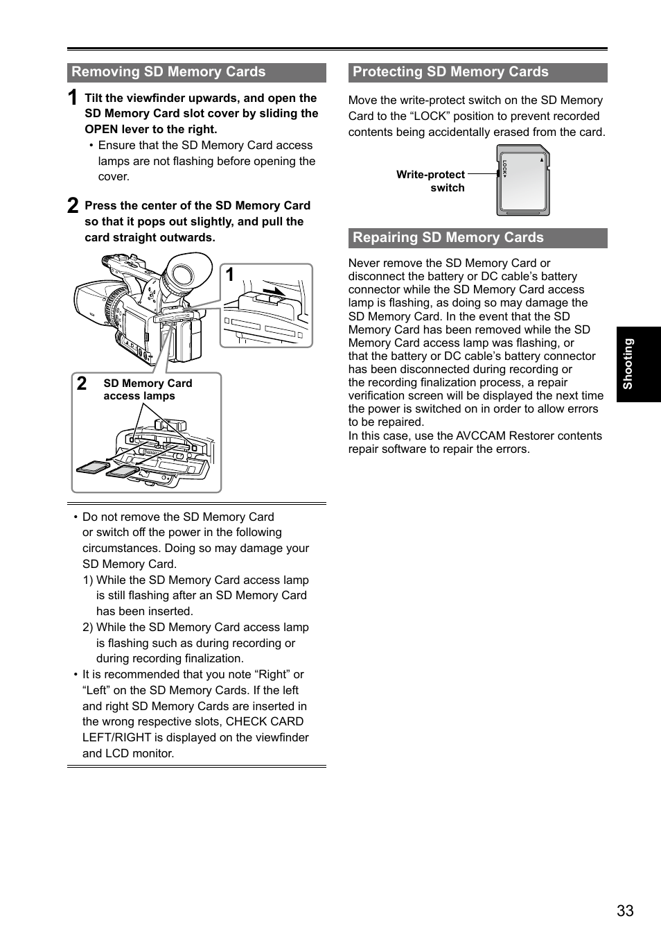 Removing sd memory cards, Protecting sd memory cards, Repairing sd memory cards | Panasonic AG-3DA1P User Manual | Page 33 / 96