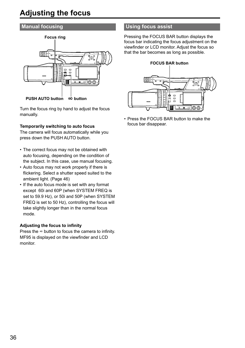 Adjusting the focus, Manual focusing, Using focus assist | Panasonic AG-3DA1P User Manual | Page 36 / 96