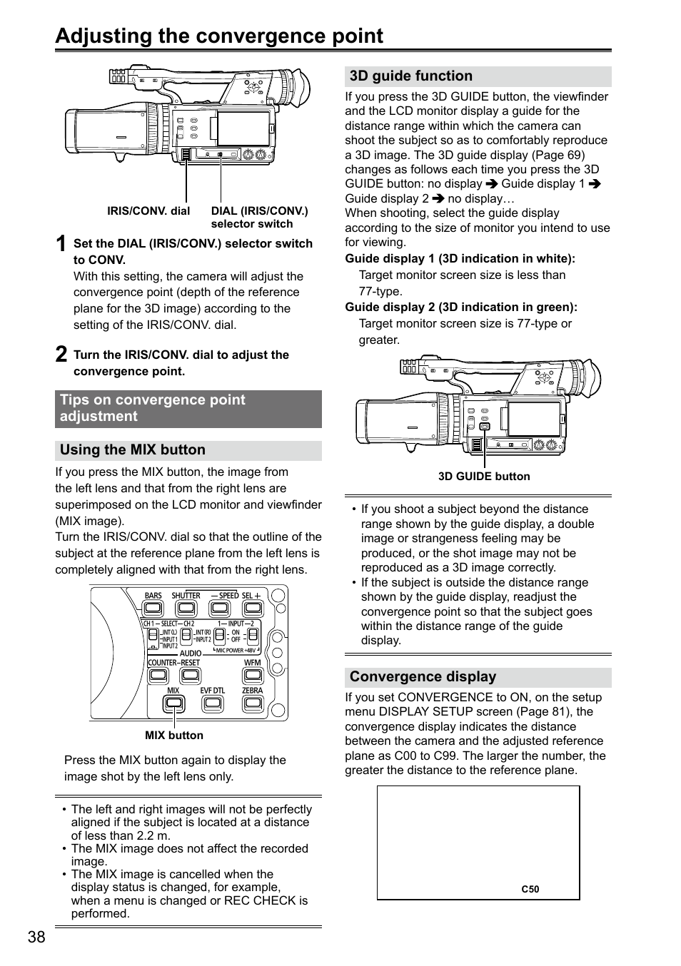 Adjusting the convergence point, Tips on convergence point adjustment, 3d guide function | Convergence display | Panasonic AG-3DA1P User Manual | Page 38 / 96