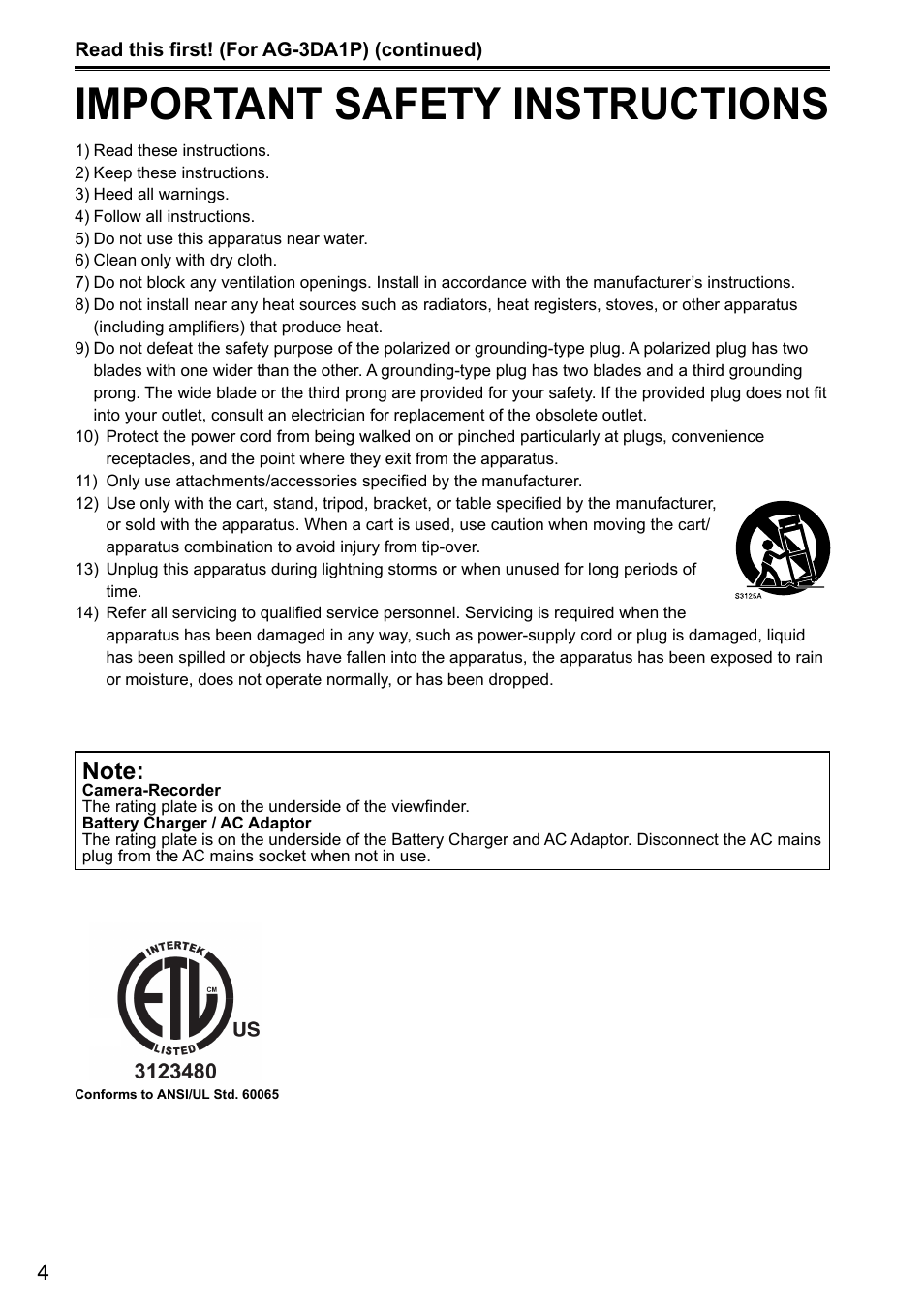 Important safety instructions | Panasonic AG-3DA1P User Manual | Page 4 / 96
