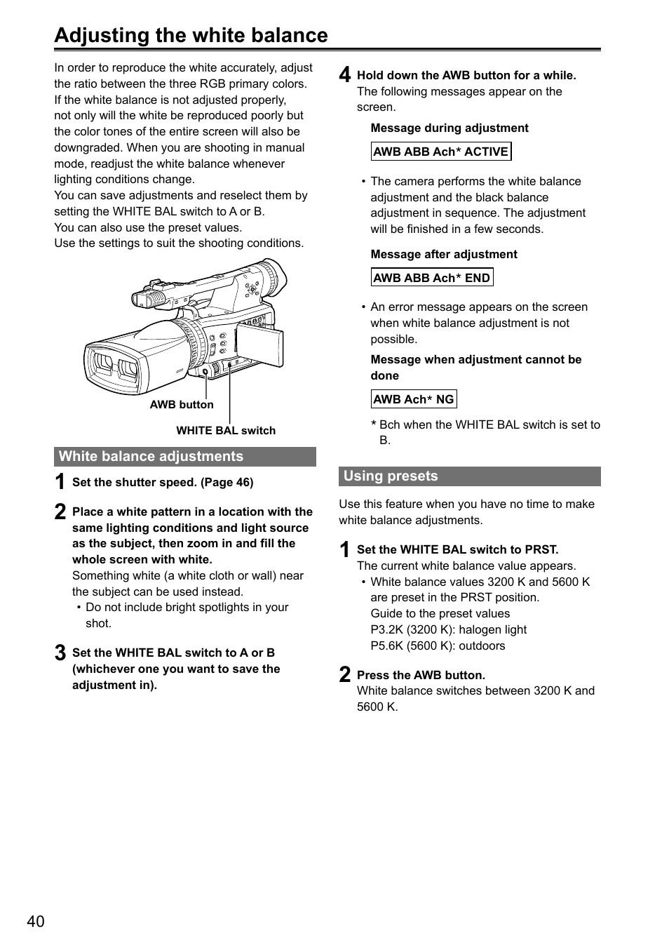 Adjusting the white balance, White balance adjustments, Using presets | Panasonic AG-3DA1P User Manual | Page 40 / 96