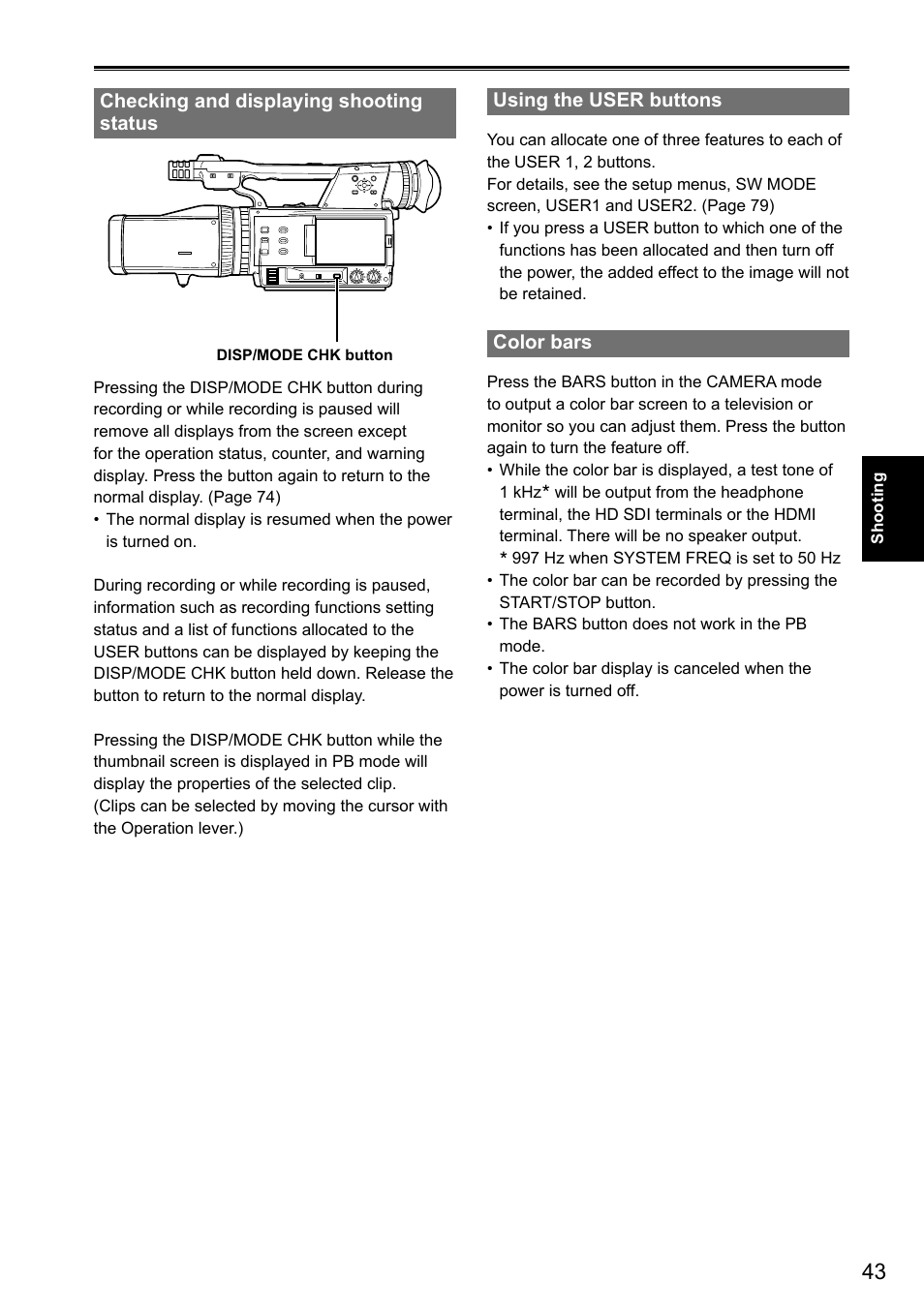 Checking and displaying shooting status, Using the user buttons, Color bars | Panasonic AG-3DA1P User Manual | Page 43 / 96