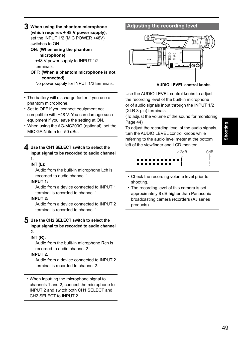 Adjusting the recording level | Panasonic AG-3DA1P User Manual | Page 49 / 96