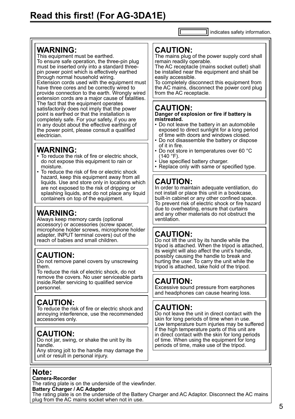 Read this first! (for ag-3da1e), Warning, Caution | Panasonic AG-3DA1P User Manual | Page 5 / 96