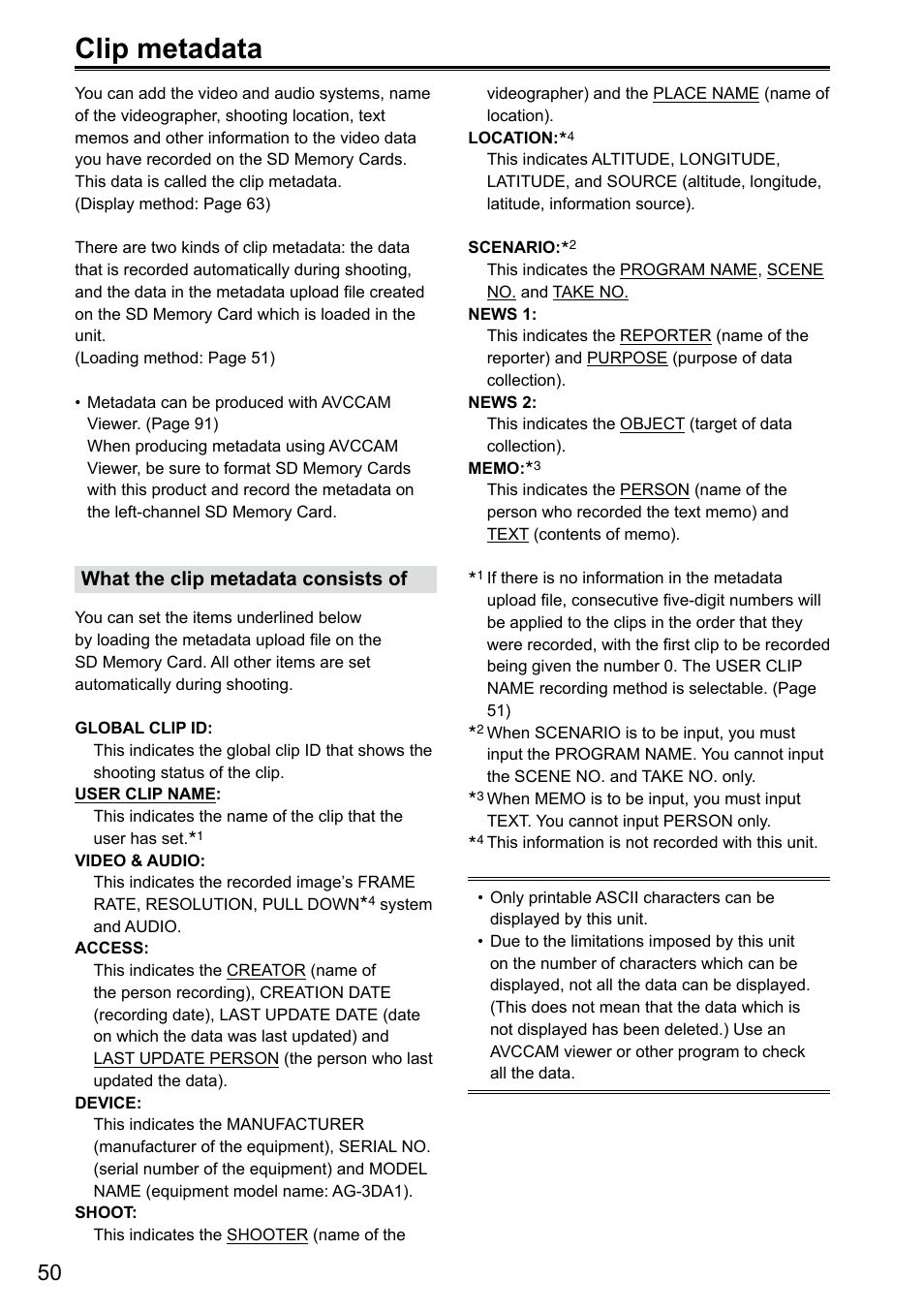 Clip metadata | Panasonic AG-3DA1P User Manual | Page 50 / 96