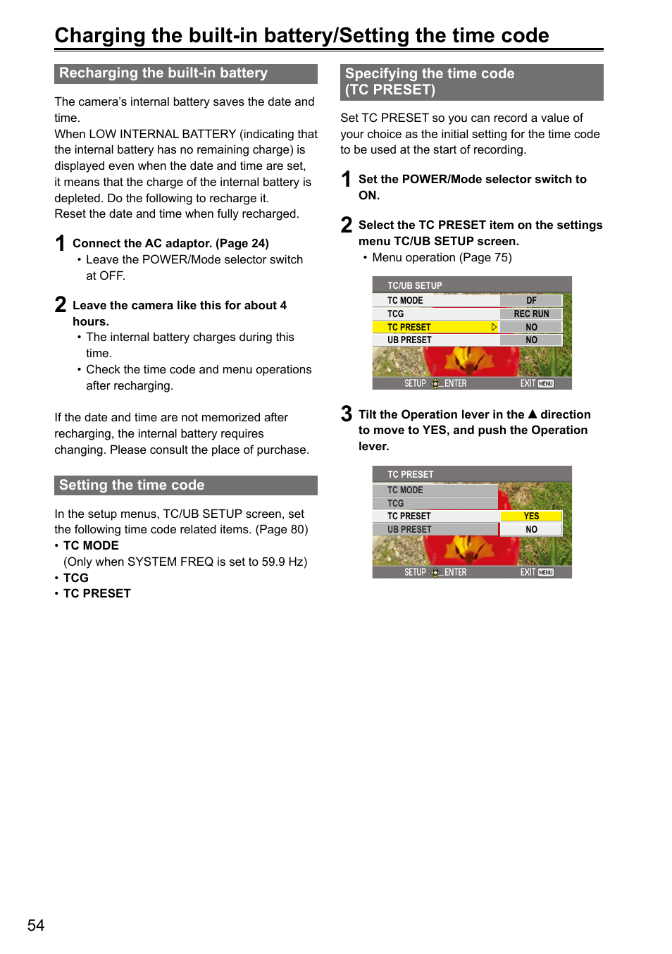 Recharging the built-in battery, Setting the time code, Specifying the time code (tc preset) | Panasonic AG-3DA1P User Manual | Page 54 / 96