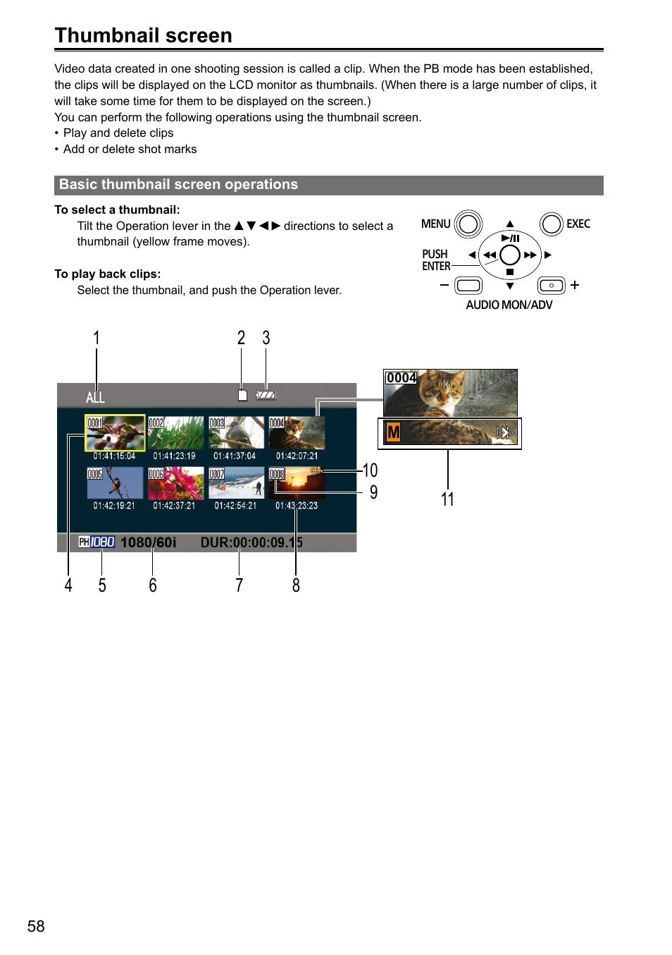 Thumbnail screen, Basic thumbnail screen operations | Panasonic AG-3DA1P User Manual | Page 58 / 96