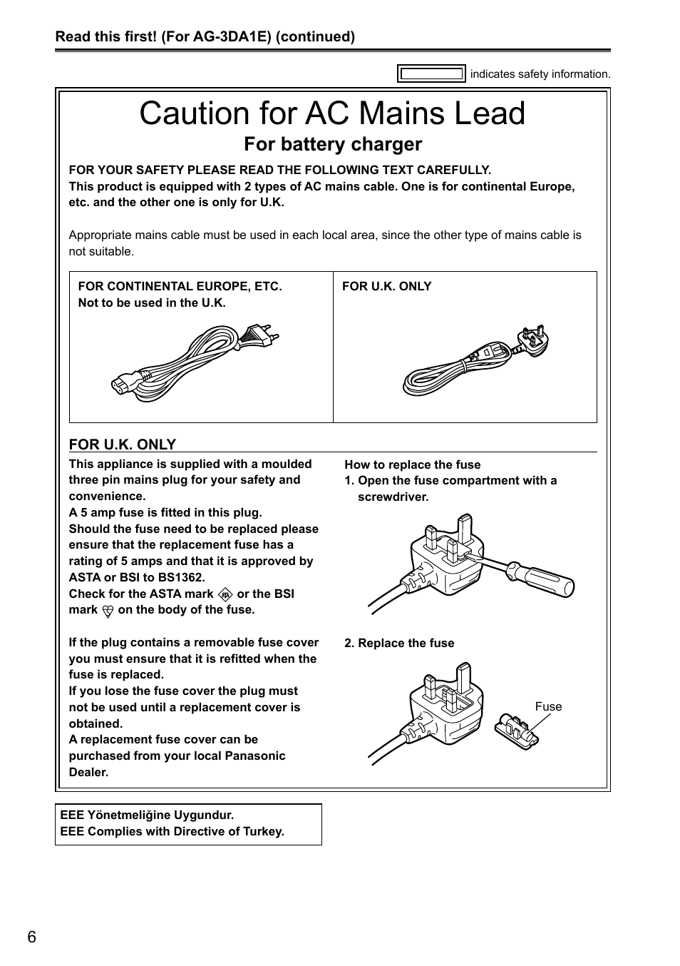 Caution for ac mains lead, For battery charger | Panasonic AG-3DA1P User Manual | Page 6 / 96