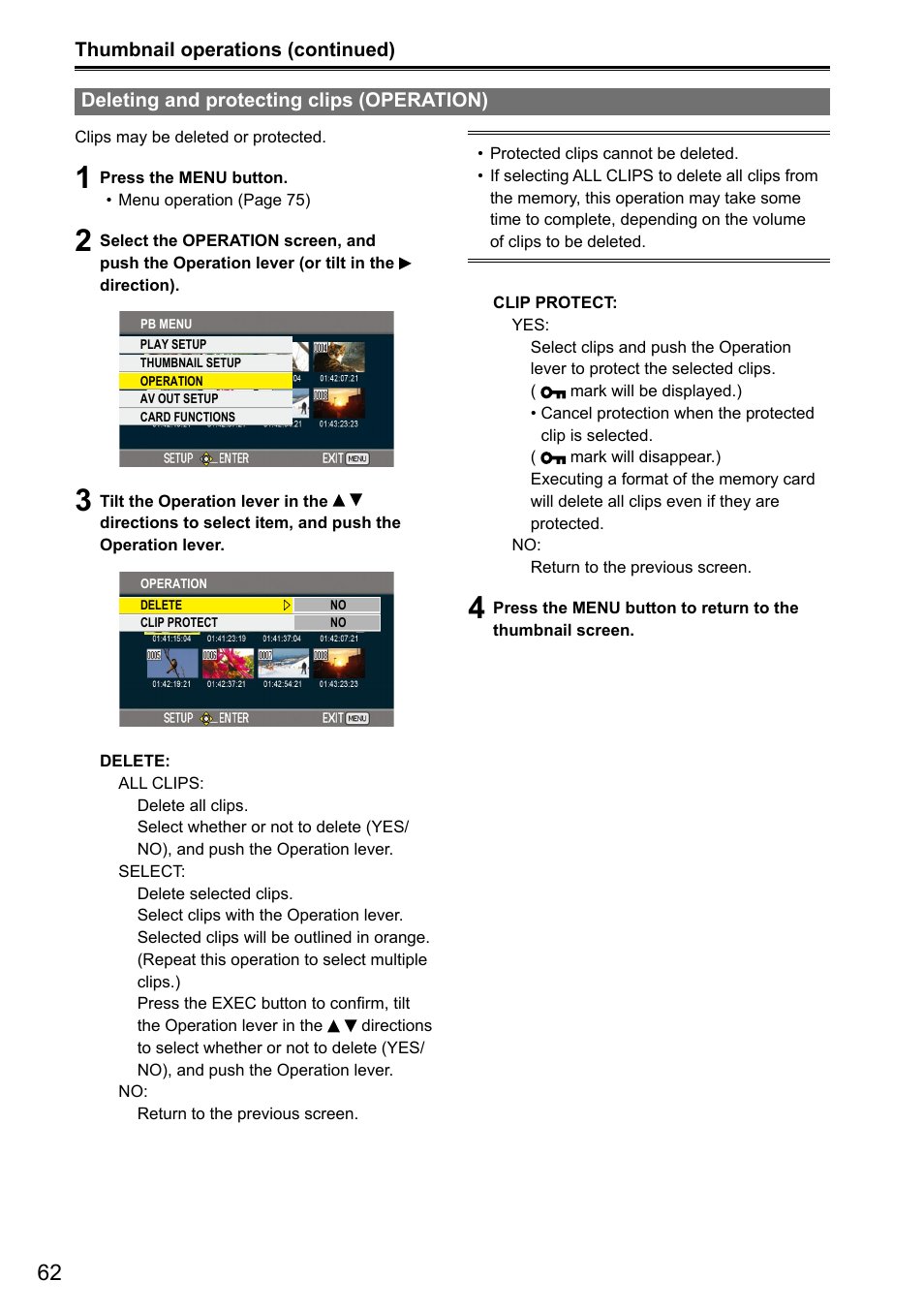 Deleting and protecting clips (operation) | Panasonic AG-3DA1P User Manual | Page 62 / 96