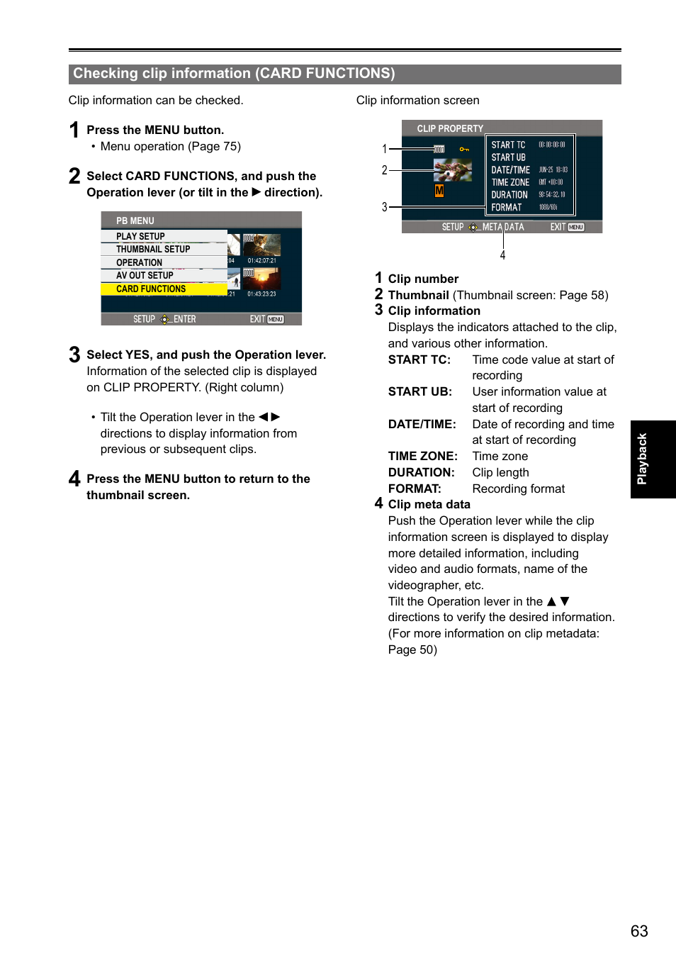 Checking clip information (card functions) | Panasonic AG-3DA1P User Manual | Page 63 / 96