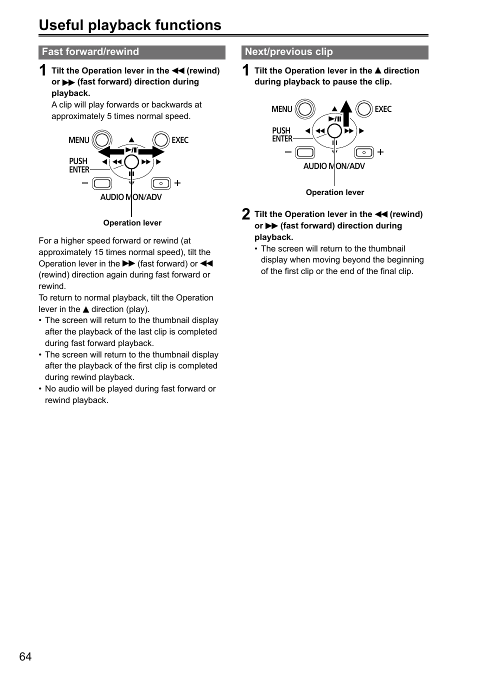 Useful playback functions, Fast forward/rewind, Next/previous clip | Panasonic AG-3DA1P User Manual | Page 64 / 96