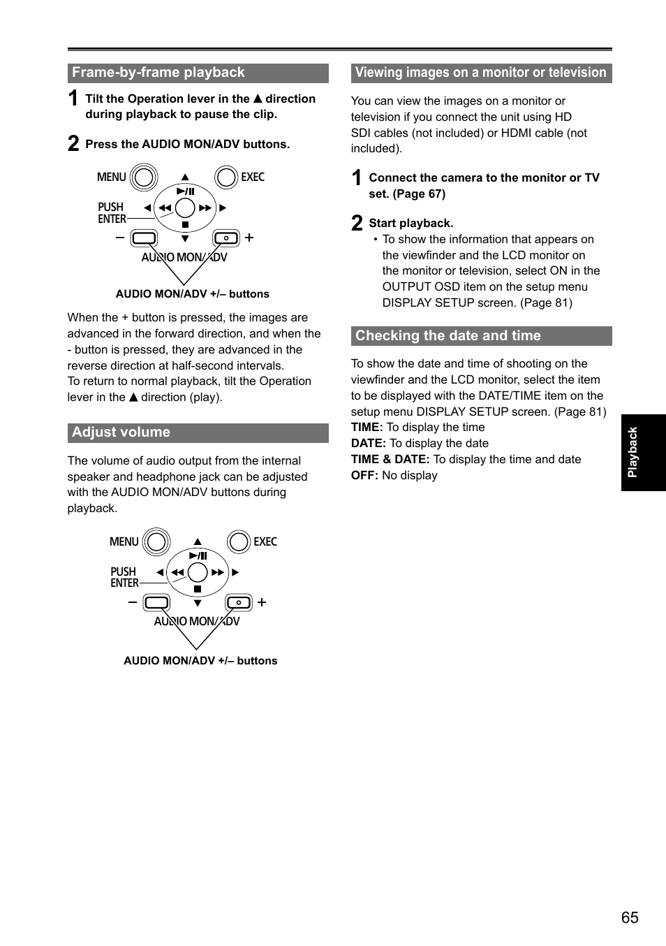 Frame-by-frame playback, Adjust volume, Viewing images on a monitor or television | Checking the date and time | Panasonic AG-3DA1P User Manual | Page 65 / 96