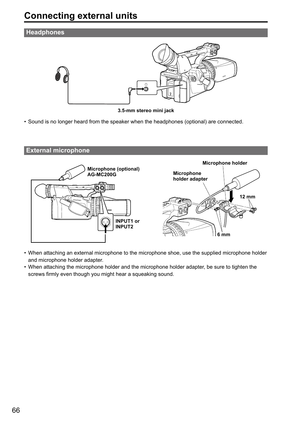 Editing, Connecting external units, Headphones | External microphone | Panasonic AG-3DA1P User Manual | Page 66 / 96