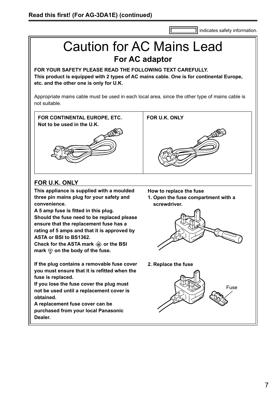 Caution for ac mains lead, For ac adaptor | Panasonic AG-3DA1P User Manual | Page 7 / 96