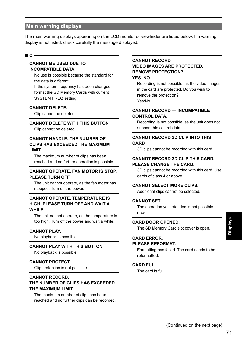 Main warning displays | Panasonic AG-3DA1P User Manual | Page 71 / 96
