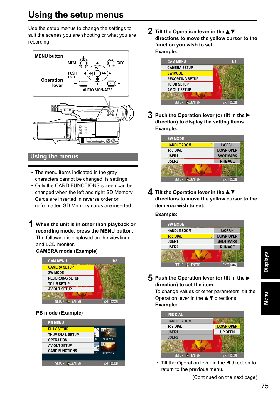 Menu, Using the setup menus, Using the menus | Panasonic AG-3DA1P User Manual | Page 75 / 96