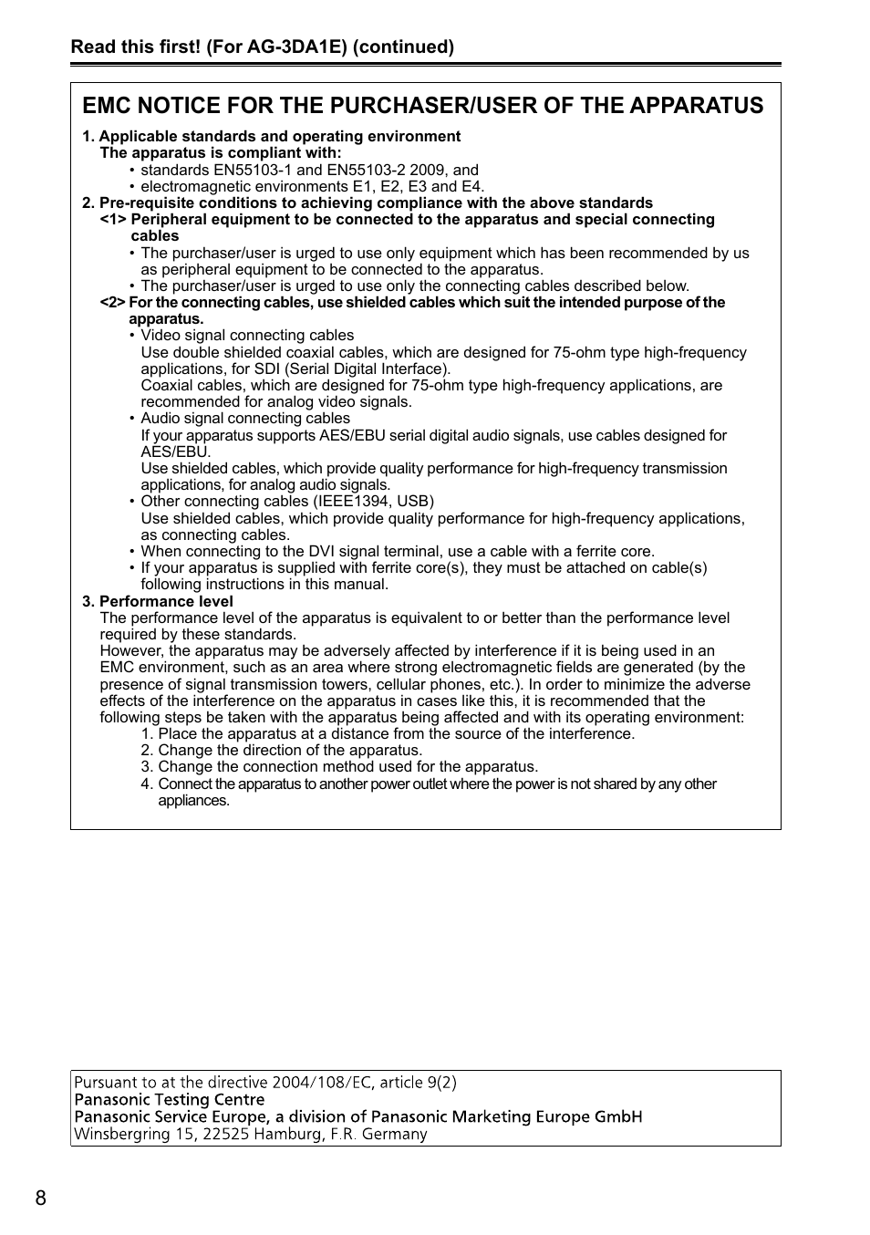 Emc notice for the purchaser/user of the apparatus | Panasonic AG-3DA1P User Manual | Page 8 / 96