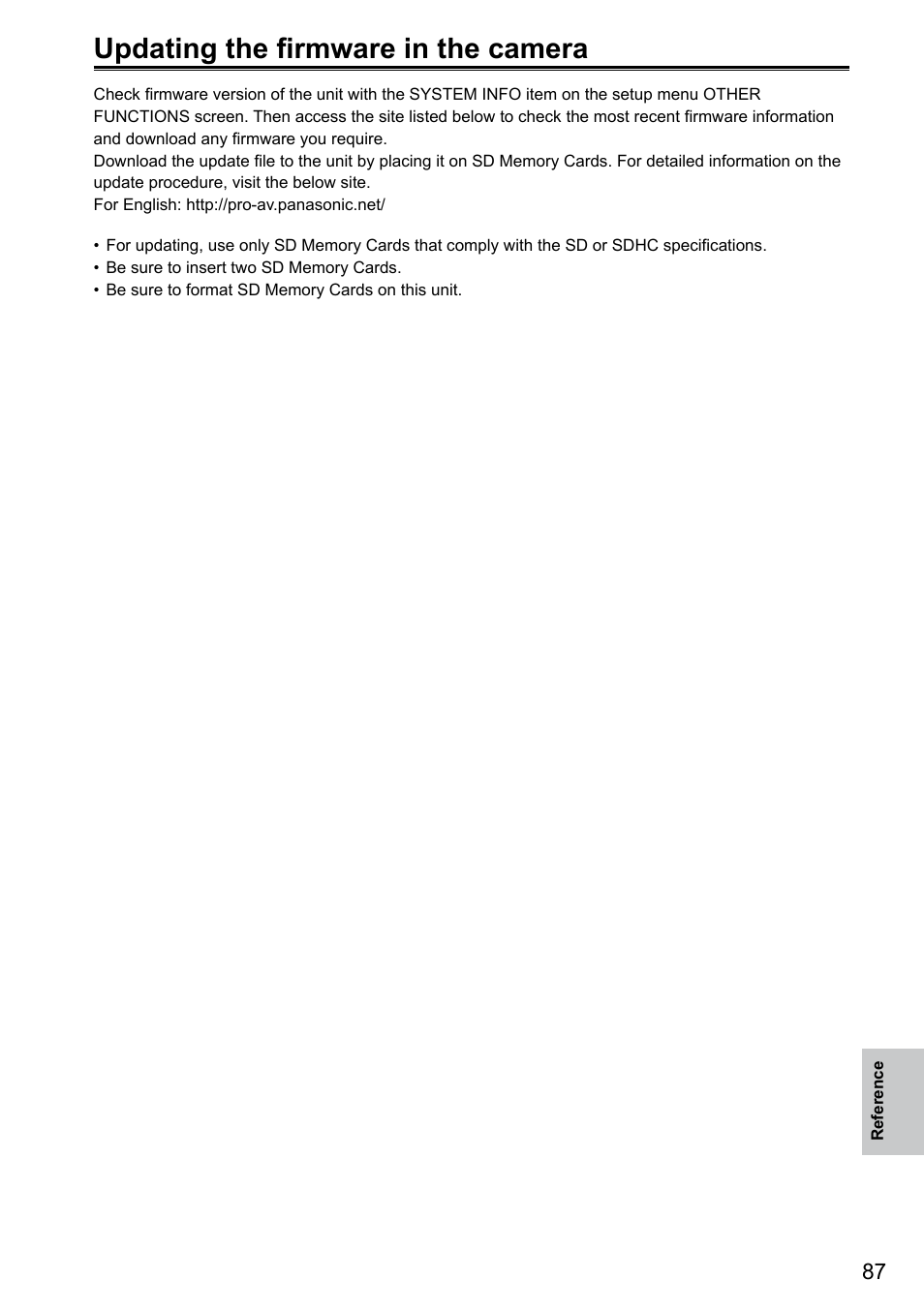 Updating the firmware in the camera | Panasonic AG-3DA1P User Manual | Page 87 / 96